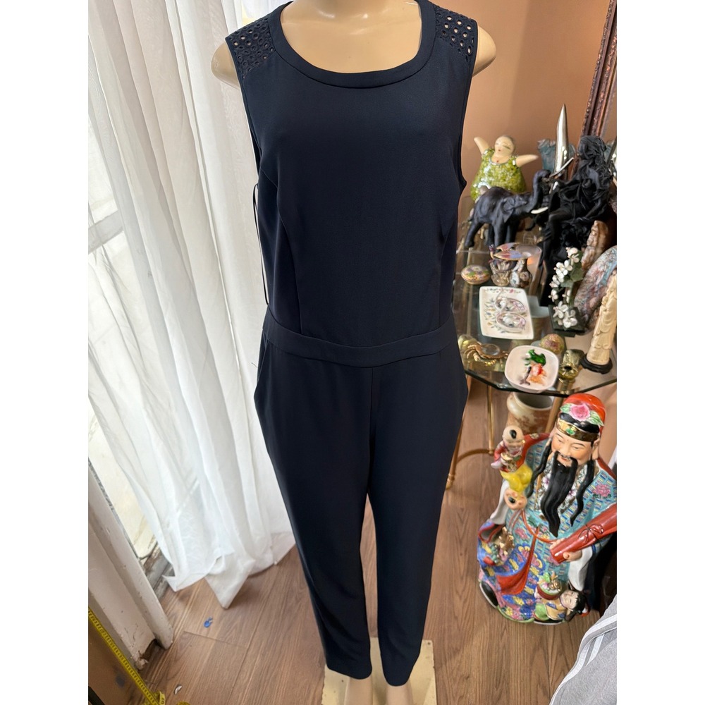 Naf Naf‎ Paris Navy Blue Sleeveless Jumpsuit Eyelet Lace Back Size L
